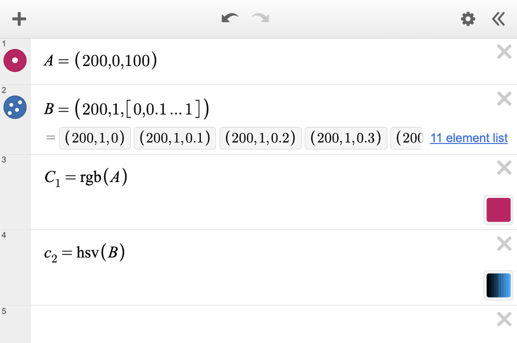 Screenshot of the expression list using a 3D point A=(200,0,100) and B=(200,1,[0,0.1…1]) in C1=rgb(A) and c2=hsv(B).