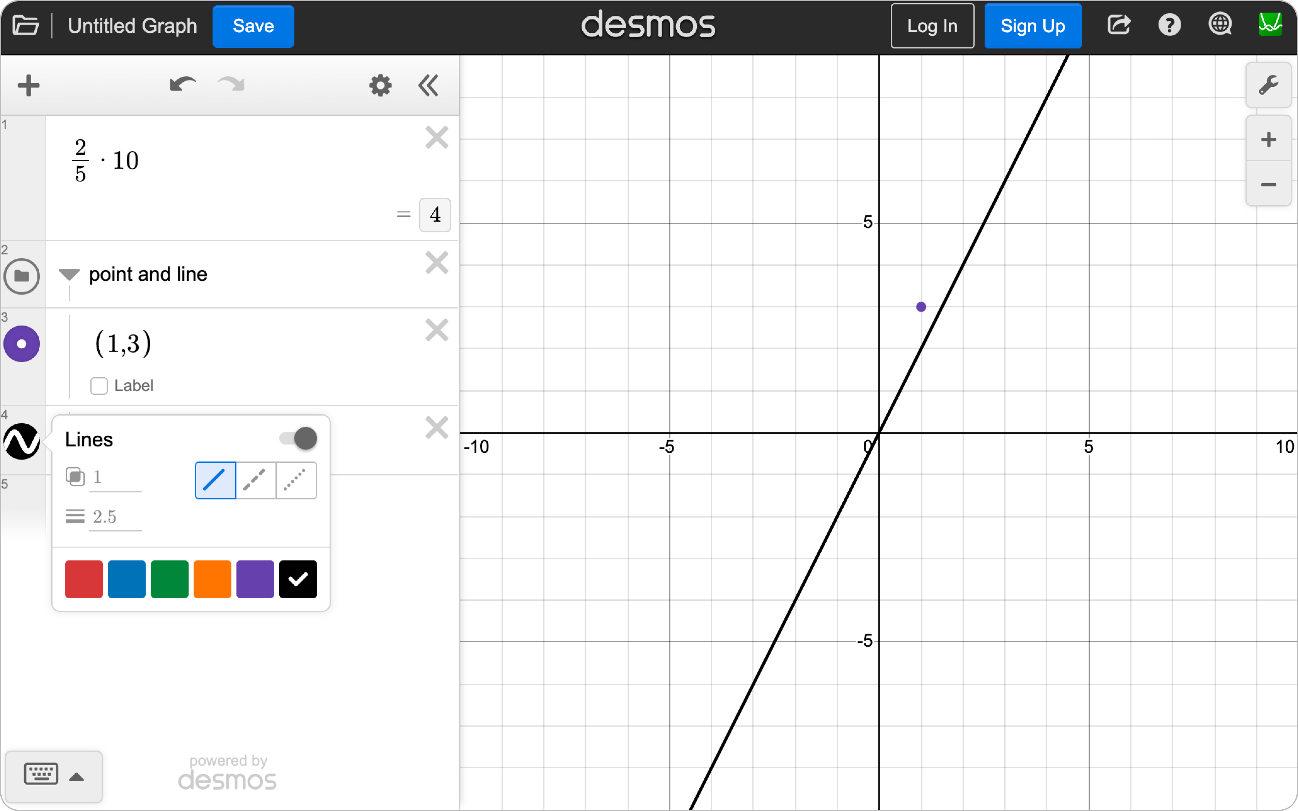Graphing Calculator with arrows showing where to add a new item, typing math, the keypad, and adjust graph settings. The options menu showing lines is also open. Screenshot.