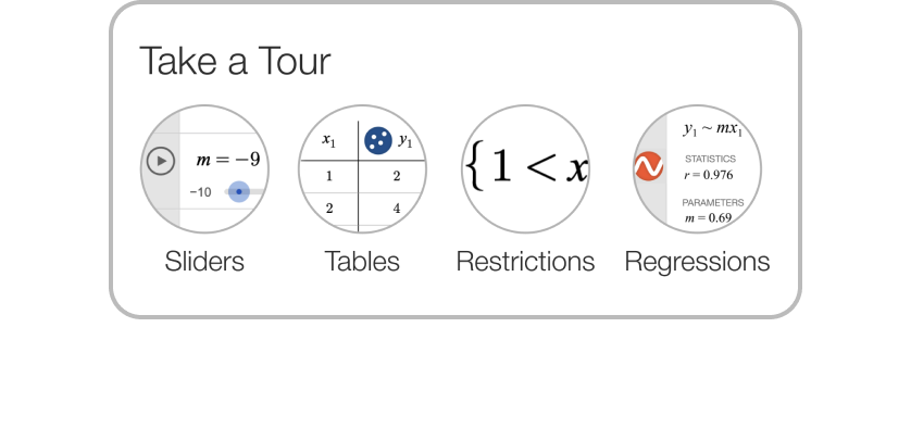 Take a Tour section of the Help Menu with Sliders, Tables, Restrictions and Regressions. Screenshot.
