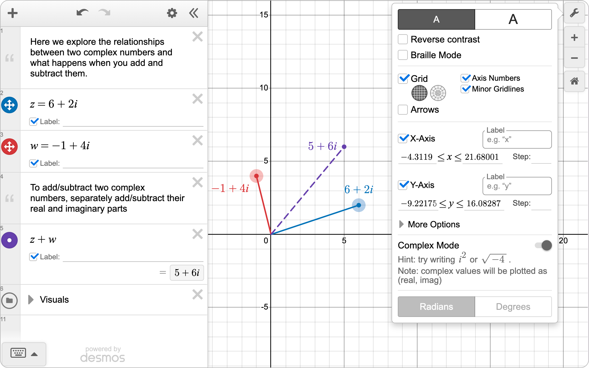 Graph Settings menu opened to show Complex Mode is turned on. Two complex variables are graphed on the paper. Screenshot.
