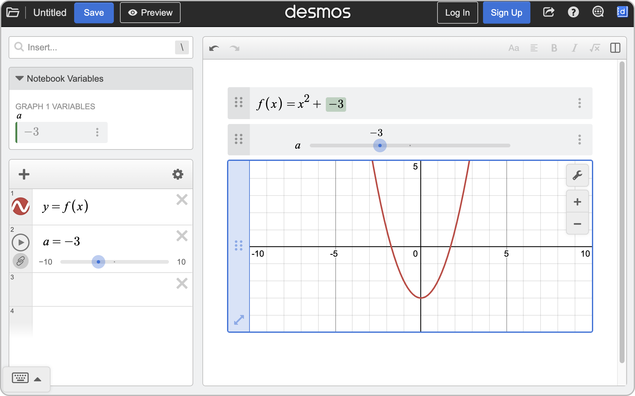 Notebook with the Item menu, text formatting bar, variable tokens, and graph expressions shown. Screenshot.
