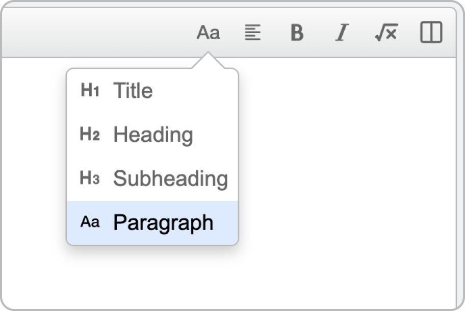Paragraph styles menu with Title, Heading, Subheading, and Paragraph shown in a dropdown. Screenshot.