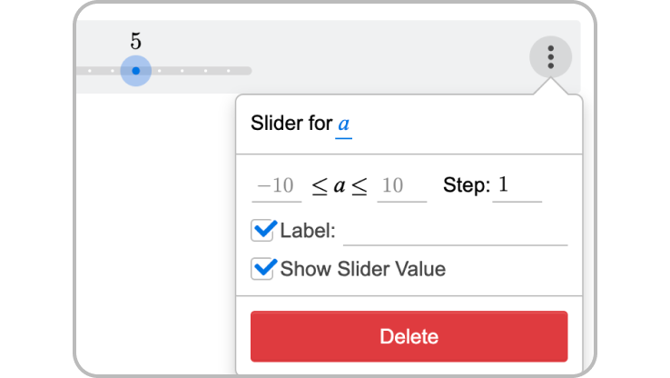 Slider Options for variable a. Screenshot.