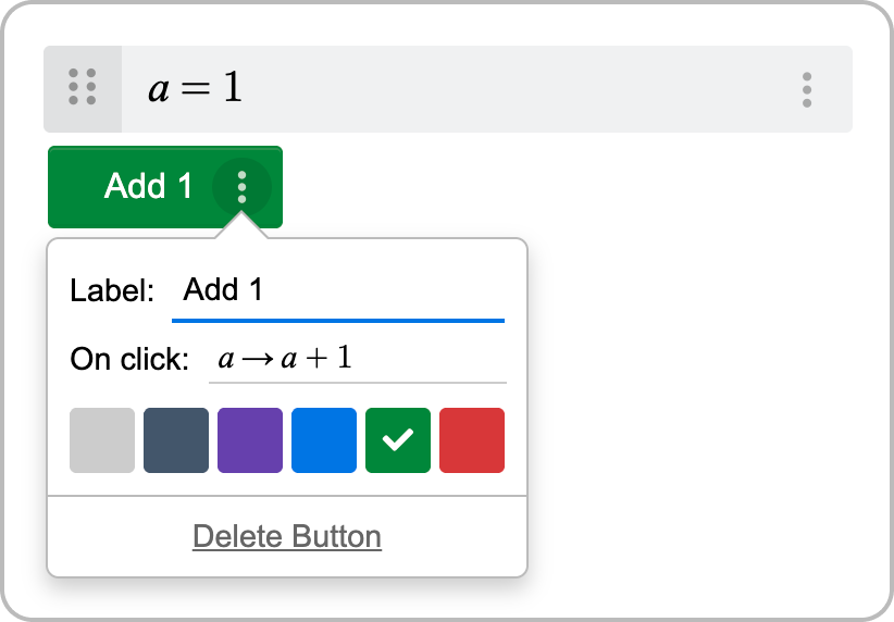 Button labeled “Add 1” with Button Options open. Screenshot.