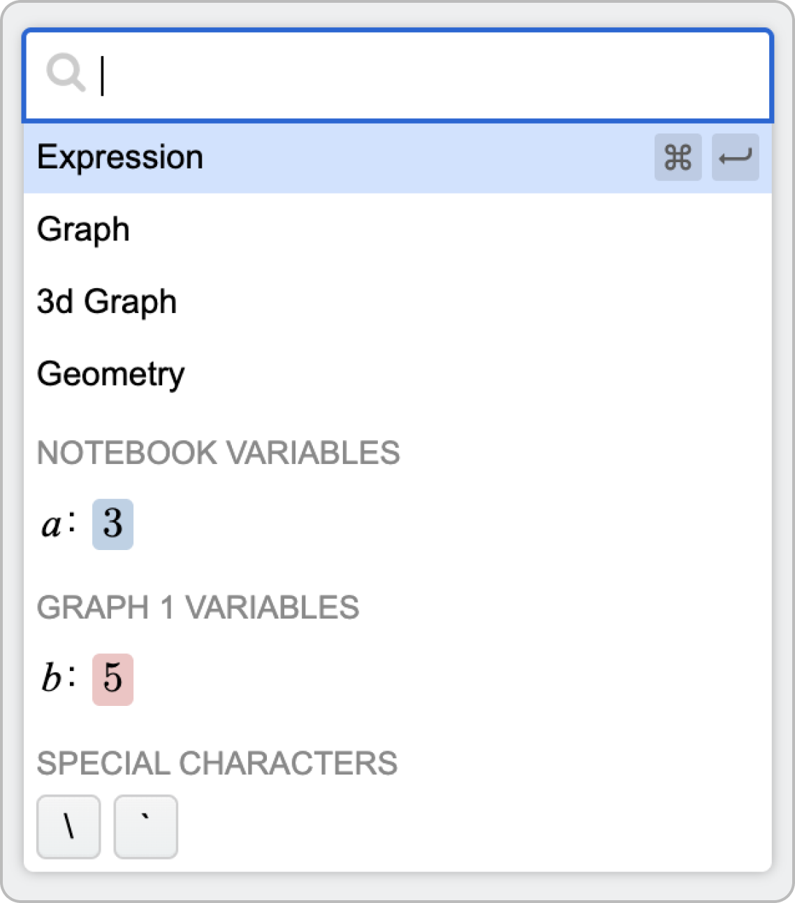 Item menu with expression, graph, variable, and special character options shown. Along with Notebook and Graph variables. Screenshot.