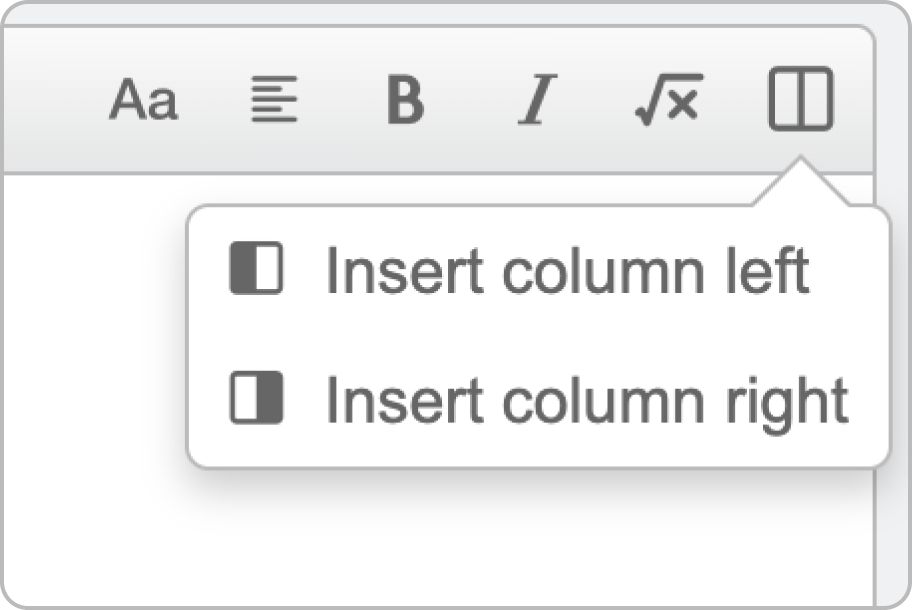 Columns menu with Insert Column Left and Insert Column Right. Screenshot.