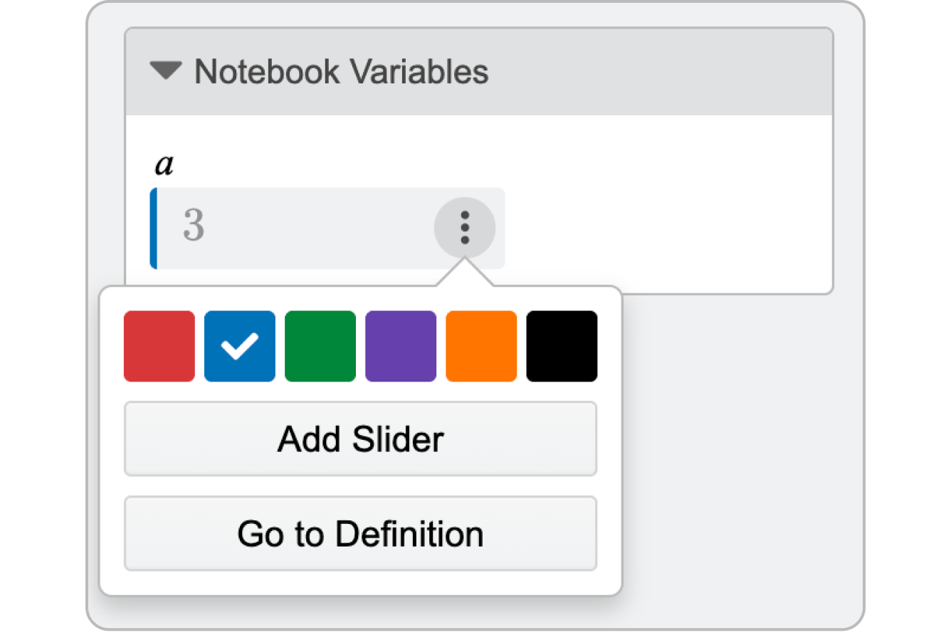 Notebook Variables menu with Variable Options shown. Screenshot.
