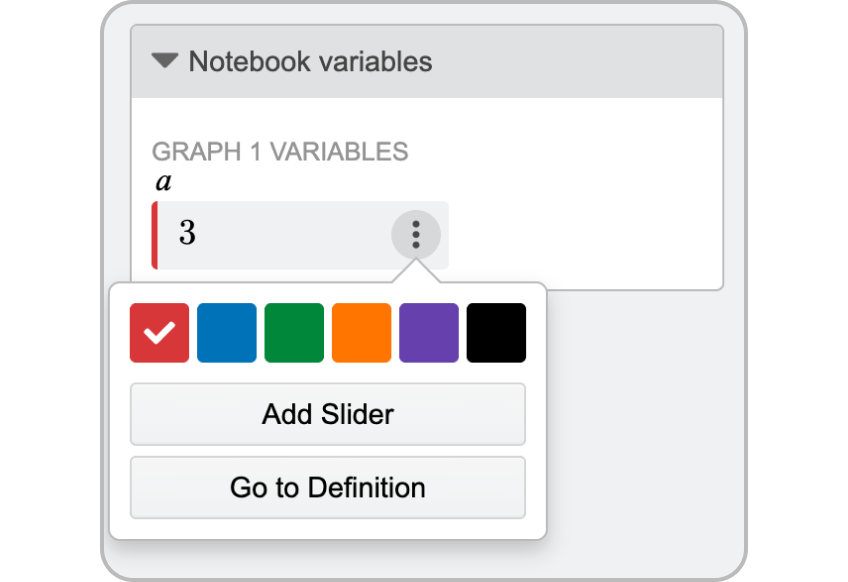 Variable Options with color choices, Add Slider, and Go to Definition shown in a dropdown menu. Screenshot.