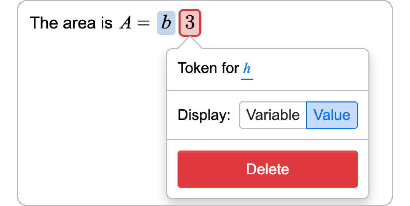 Variable tokens in text, with the token menu showing Variable and Value display options. Screenshot.