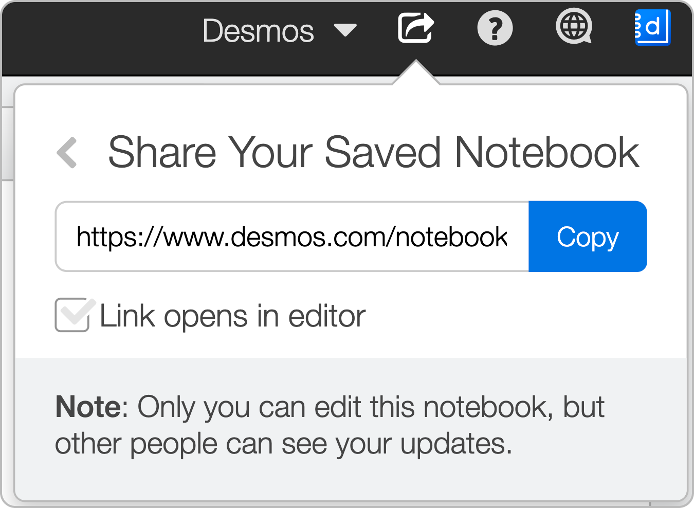 Share menu dropdown with the Link Opens in Editor checkbox shown. Screenshot.